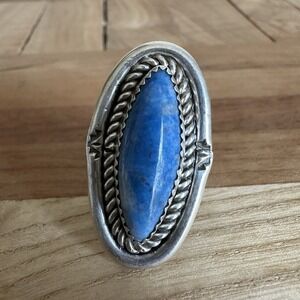 Vintage Navajo Accent Ring Size 4.5 Elongated Blue Sodalite 925 Sterling 9.2g‎